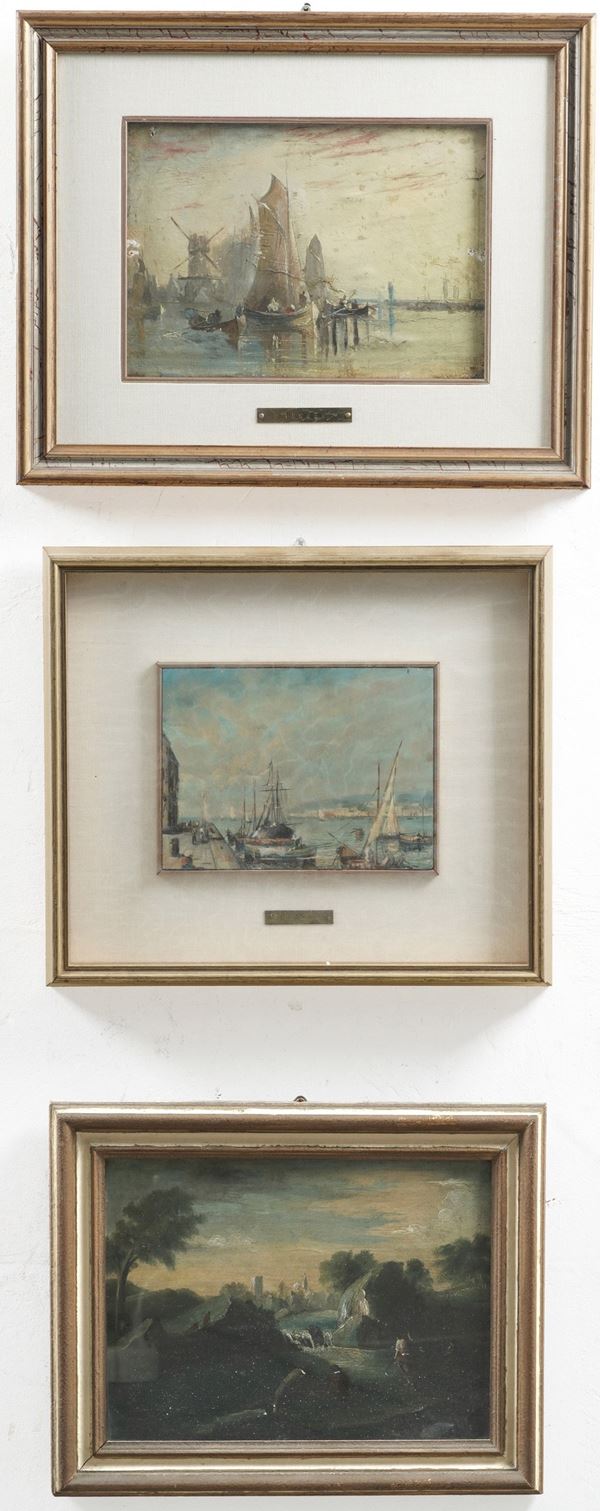 Tre dipinti raffiguranti paesaggi