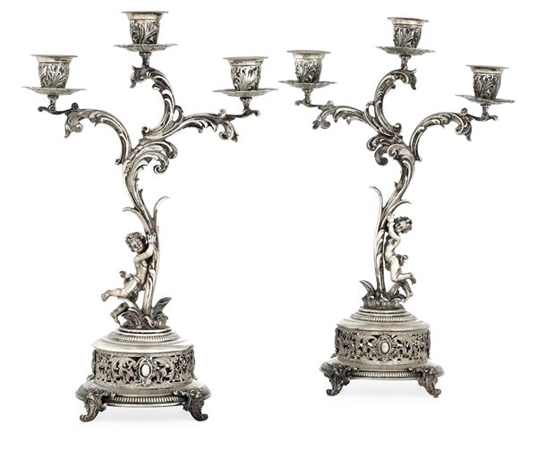 Coppia di candelabri. Argenteria milanese del XX secolo, argentiere Gaetano Tadiello