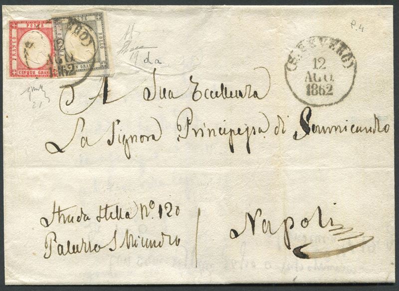 1862, Province Napoletane, Lettera sa S.Severo per Napoli del 12 agosto 1862, affrancata 1 grano girgio chiaro e 5 grana rosso carminio (19da, 21)  - Asta Storia Postale e Filatelia - Cambi Casa d'Aste