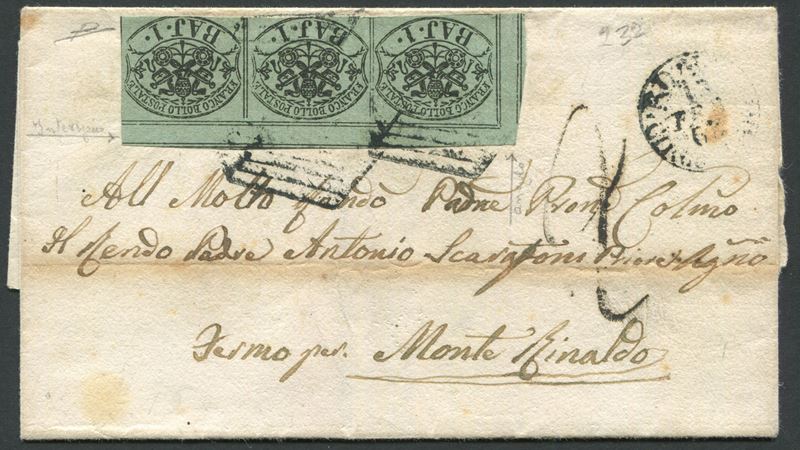 1863, Pontificio, Lettera da Roma per Monte Rinaldo del 13 febbraio 1863, affrancata con striscia orizzontale di tre esemplari dell’1 baj verde grigiastro, che presenta in alto e a sinistra l’interspazio di gruppo (2)  - Auction Postal History and Philately - Cambi Casa d'Aste