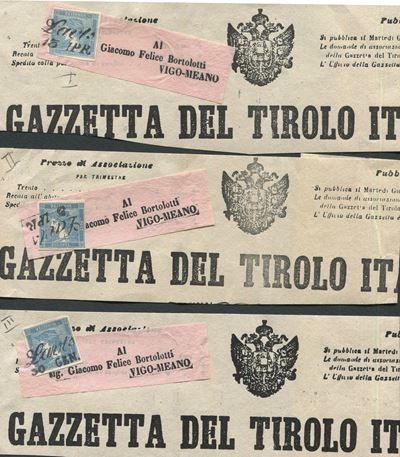 1851, Austria, 3 Testate del Giornale “gazzetta del Tirolo”, per Vigo -meano del 30 Gennaio Ognun...