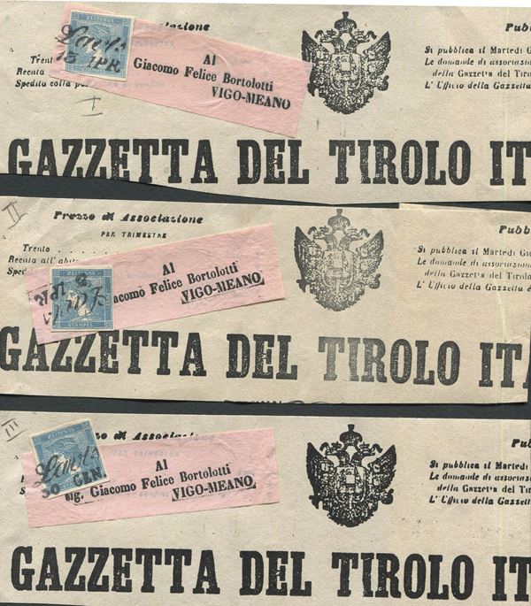 1851, Austria, 3 testate del giornale “Gazzetta del Tirolo”, per Vigo -Meano del 30 gennaio ognuna affrancata con un esemplare del 3 cent. azzurro per giornali (1,2,3) dei tre tipi diversi.
