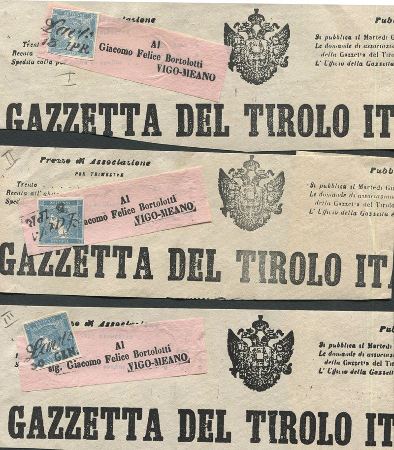 1851, Austria, 3 testate del giornale “Gazzetta del Tirolo”, per Vigo -Meano del 30 gennaio ognuna affrancata con un esemplare del 3 cent. azzurro per giornali (1,2,3) dei tre tipi diversi.  - Auction Postal History and Philately - Cambi Casa d'Aste
