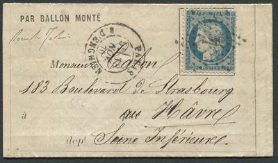 1870, Francia, Modulo “ Par Balon Monté”, Completo di Testo da Parigi per Havre del 18 Novembre 1...