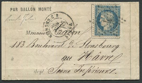 1870, Francia, modulo “ Par Balon Monté”, completo di testo da Parigi per Havre del 18 novembre 1870