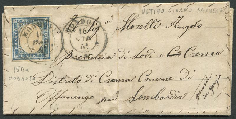 1861, Sardegna/Regno d’Italia, Lettera da Mondovì del 16 marzo 1861 per Offanengo, affrancata con 20 cent. di Sardegna.  - Asta Storia Postale e Filatelia - Cambi Casa d'Aste