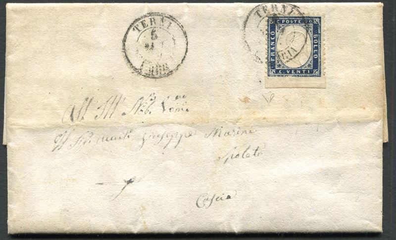 1862, Regno d’Italia, Lettera da Terni per Cascia, del 5 settembre 1862, affrancata con 20 cent. indaco, bordo di foglio inferiore non dentellato (2k)  - Asta Storia Postale e Filatelia - Cambi Casa d'Aste