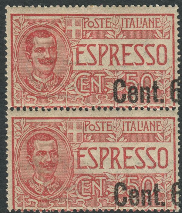 1922, Regno d’Italia, Espressi, Coppia verticale del 60c. su 50c. rosso con varietà solo “Cent. 6” in soprastampa (8ha)