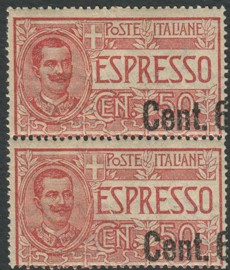 1922, Regno d’Italia, Espressi, Coppia verticale del 60c. su 50c. rosso con varietà solo “Cent. 6” in soprastampa (8ha)  - Asta Storia Postale e Filatelia - Cambi Casa d'Aste