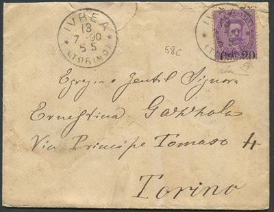 1890, Regno D’italia, Busta da Ivrea per Torino del 13 Luglio 1890, Affrancata con 20 Cent. su 50...