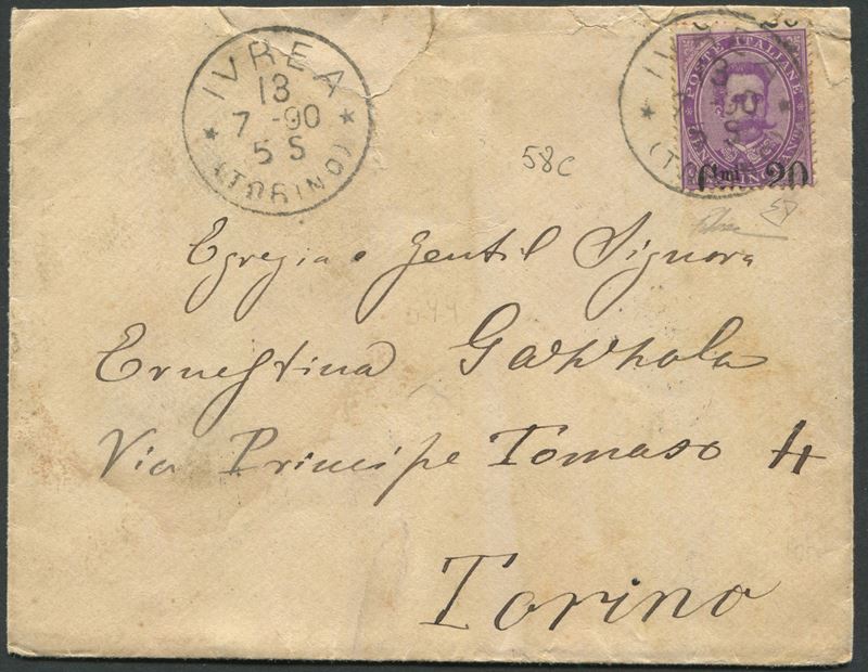 1890, Regno d’Italia, busta da Ivrea per Torino del 13 luglio 1890, affrancata con 20 cent. su 50 c. violetto (58c) con la sovrastampa fortemente spostata in senso verticale (”a cavallo”)  - Asta Storia Postale e Filatelia - Cambi Casa d'Aste