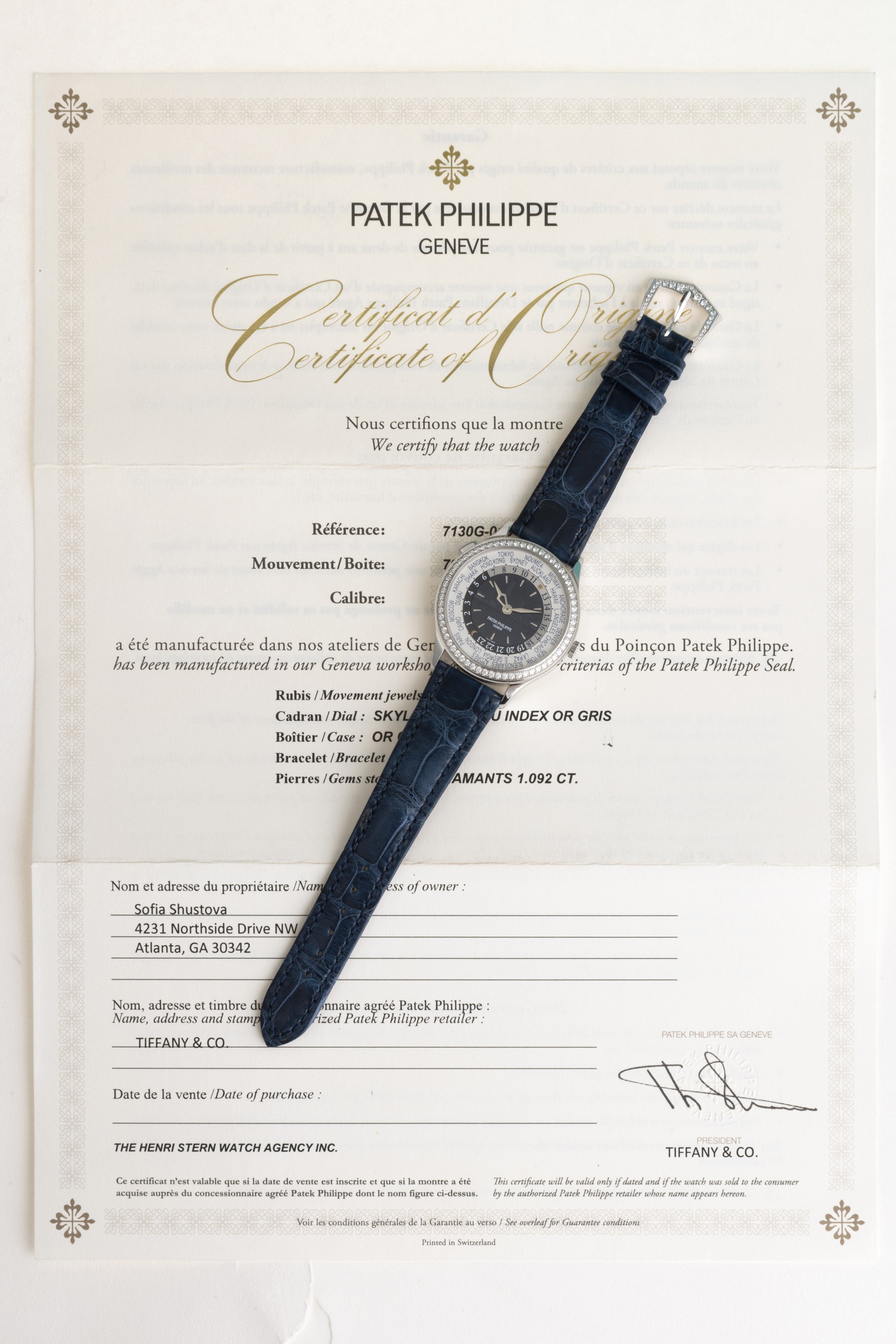 Patek Philippe - Worltime Ref 7130g in Oro Bianco 18k, Edizione Limitata 'new York' con Garanzia ...