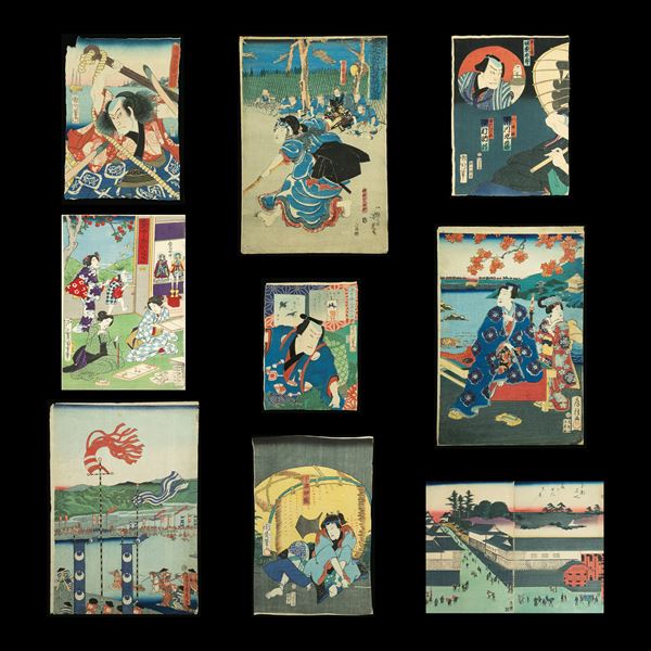 Lotto composto di 11 stampe xilografiche raffiguranti scene nipponiche, Giappone, periodo Meiji (1868-1912)