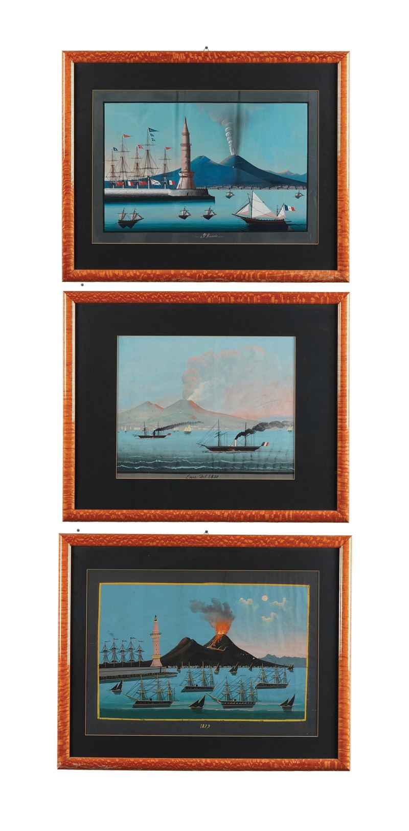 Artista del XIX secolo Il Vesuvio Eruzione del 1850 Eruzione del 1879  - Tre gouaches su carta - Asta Antiquariato - Cambi Casa d'Aste