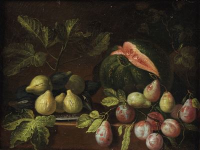 Nei Modi della Pittura del XVII Secolo Natura Morta con Zucca, Pere e Fichi