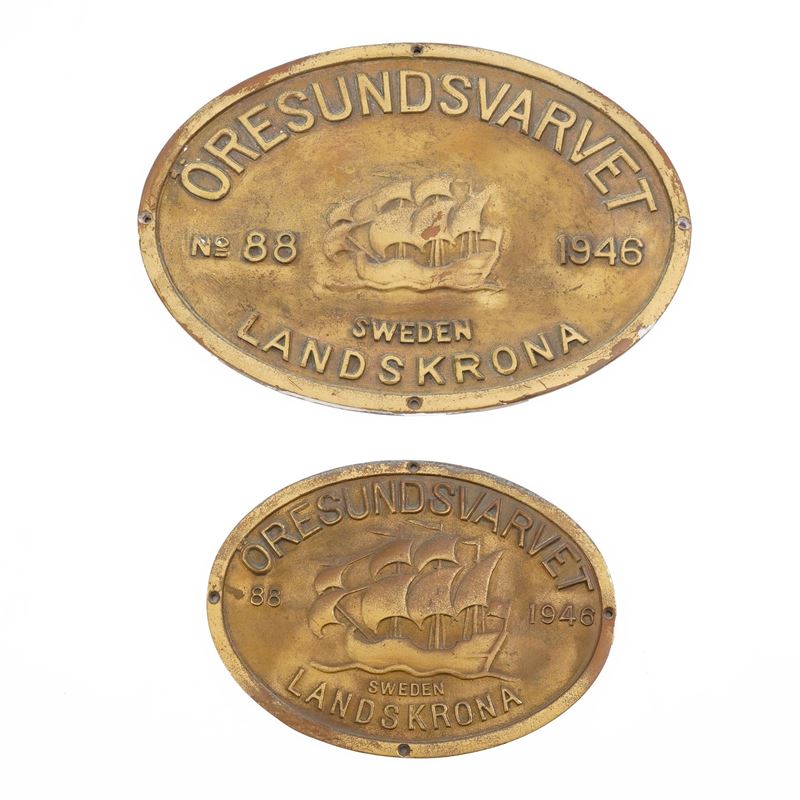 Due placche in ottone "Oresundsvarvet" 1946  - Auction Scientific Instruments and Maritime Art - Cambi Casa d'Aste