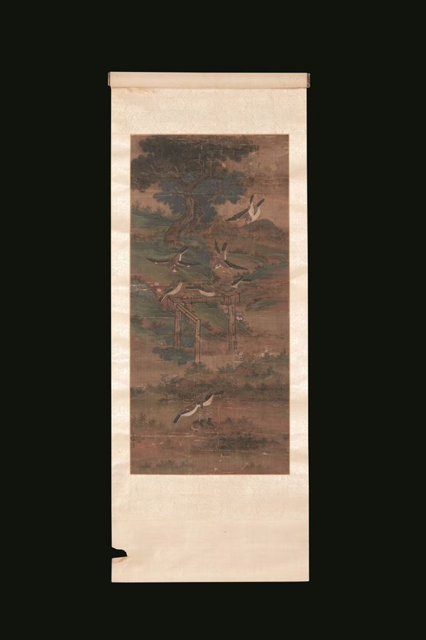 Scroll painted on silk depicting landscape with birds on paper, China, Qing Dynasty, 18th century