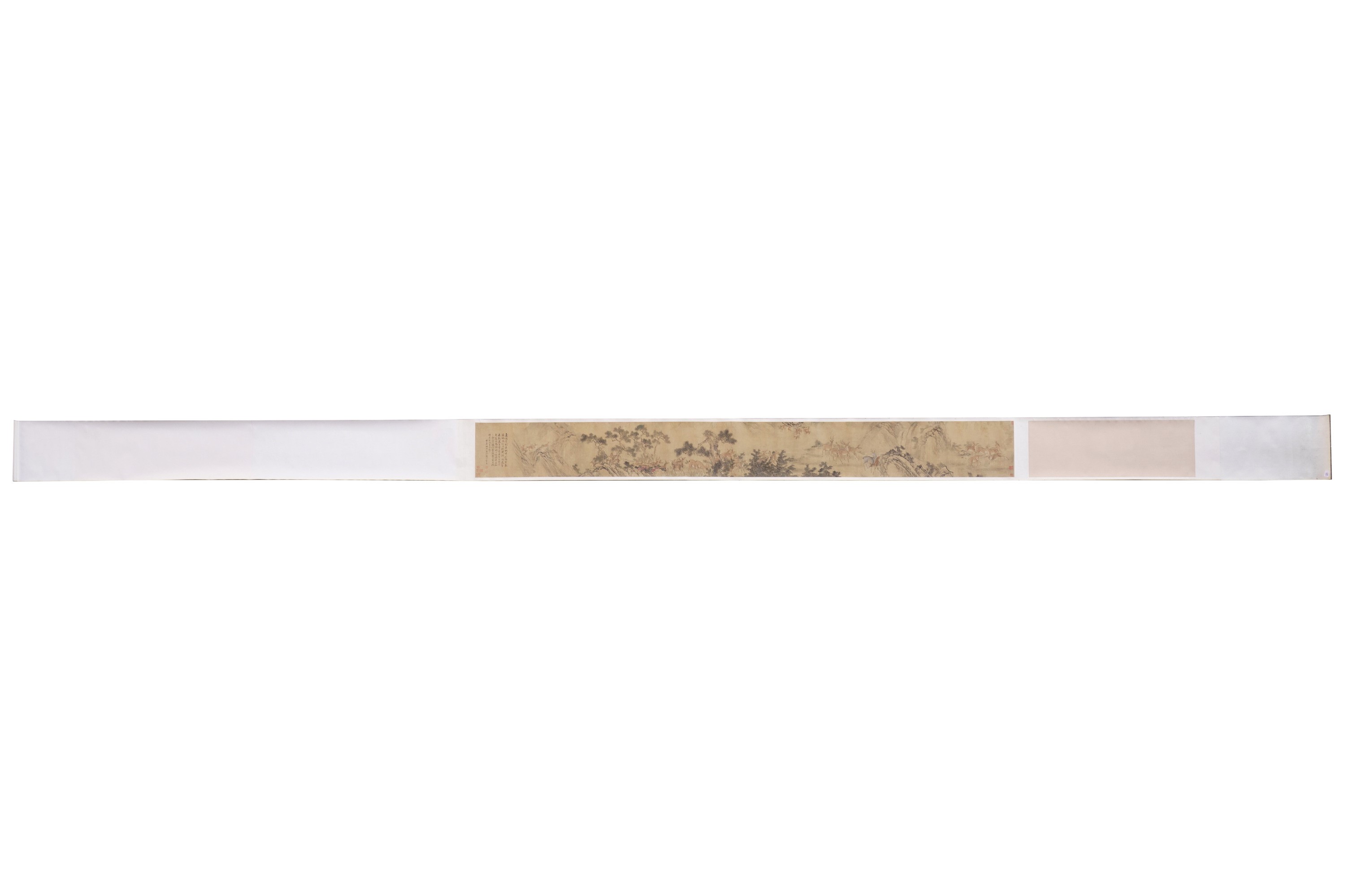 Scroll Raffigurante Paesaggio e Cervi con Iscrizioni, Cina, 1861, XIX Secolo