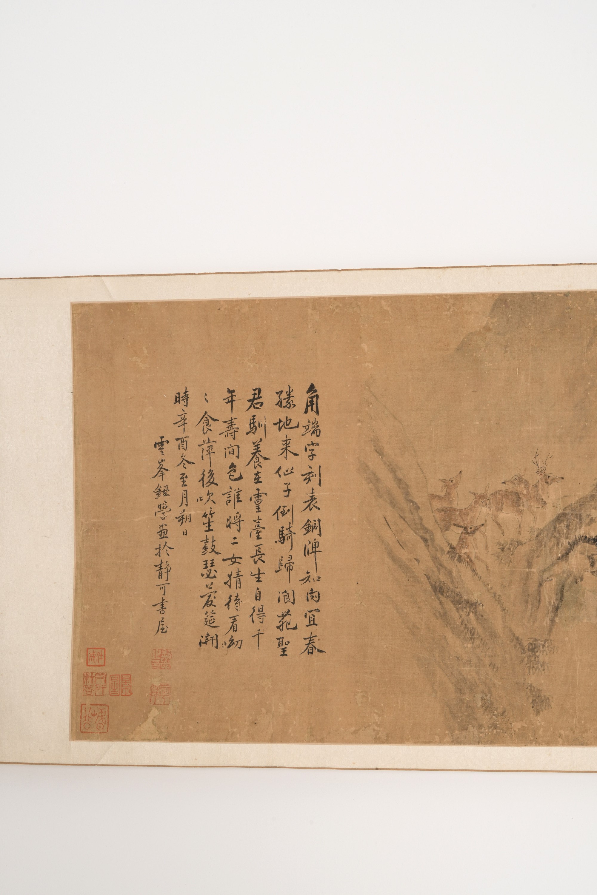 Scroll Raffigurante Paesaggio e Cervi con Iscrizioni, Cina, 1861, XIX Secolo