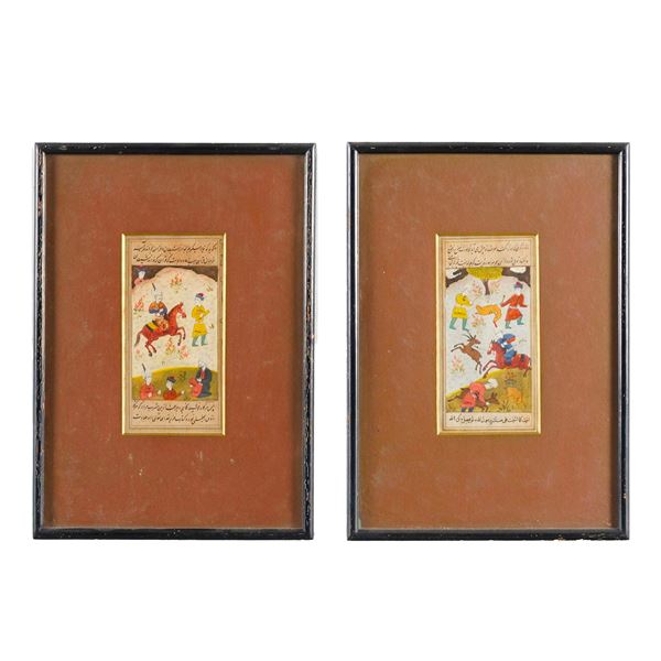Coppia di testi sacri miniati con scene coraniche in policromia Persia, XIX secolo