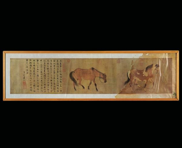 Silk painting printed depicting pair of horses with inscriptions, inspired by Ren Renfa's “Er Ma Juan” of the Yuan Dynasty, China, 19th century