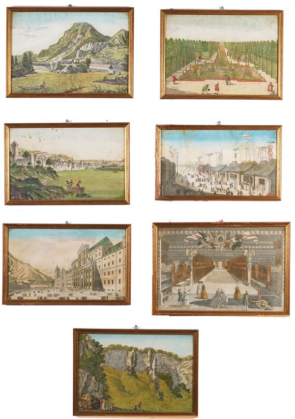 Gruppo di sette vedute ottiche. Francia, metà secolo XVIII