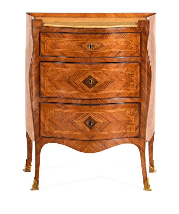 Comodino lastronato in palissandro e filettato. Napoli, XVIII secolo.