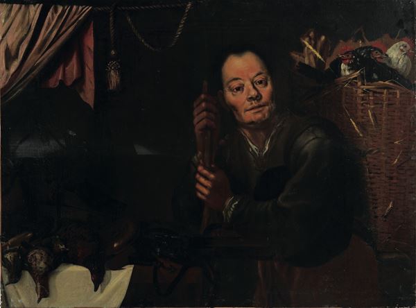 Interno con contadino e pollame