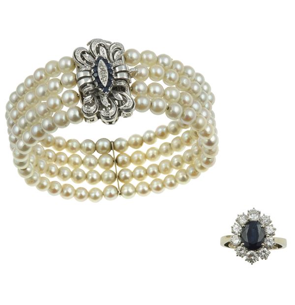 Sapphire and diamond ring and cultured pearl bracelet