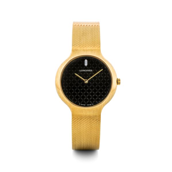 Longines - Flagship in 18k yellow gold, black dial with chain pattern, accompanied by box and warranty, circa 1978