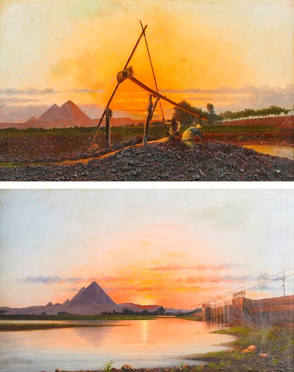 Scuola del XIX secolo Vedute delle piramidi di Giza