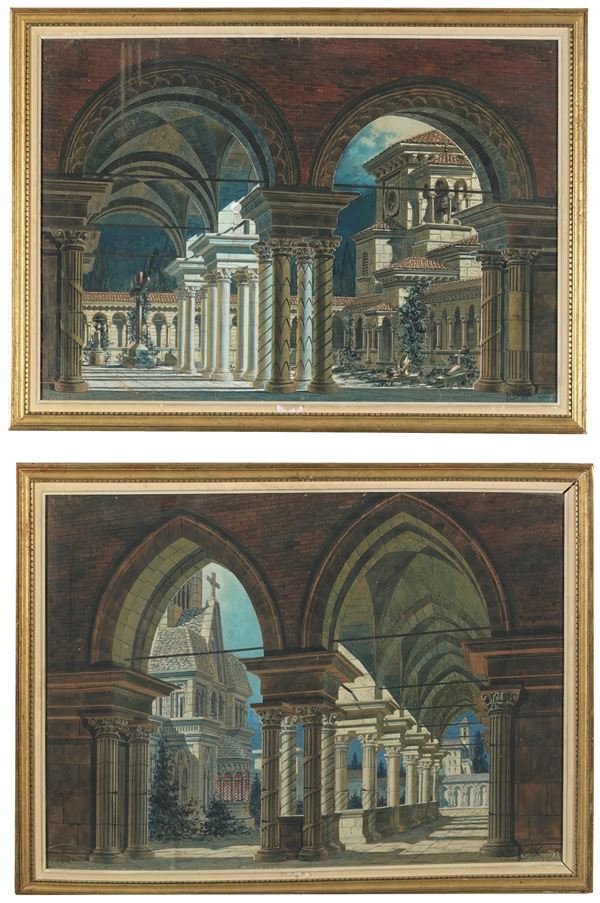 A. Vento (XIX-XX secolo) Coppia di vedute architettoniche, 1918