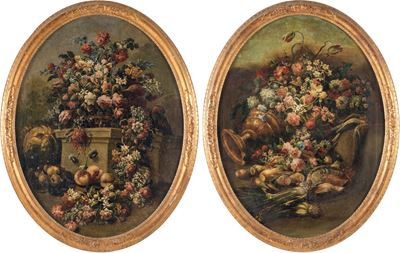 Scuola della Fine del XVIII Secolo Nature Morte con Composizioni di Fiori e Frutti in Paesaggio