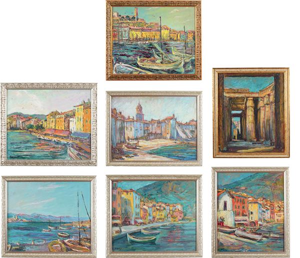Insieme di sette dipinti ad olio su tela