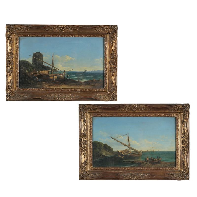 Pittore del XIX secolo Vedute costiere con imbarcazioni  - coppia di dipinti ad olio su tela - Asta Sei Secoli di Arti e Arredi - III - Cambi Casa d'Aste