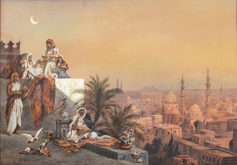 Friedrich Pelberg : Una sera sulla terrazza al Cairo  - acquerello e gouache su carta - Auction Six Centuries of Arts and Furnitures - III - Cambi Casa d'Aste