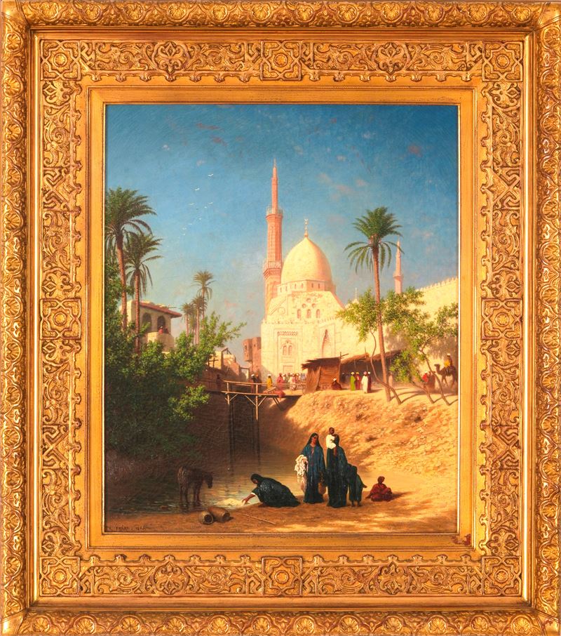 Théodore Frère : Lavandaie e moschea nelle vicinanze del Cairo, 1855  - olio su tela - Asta Dipinti e Sculture del XIX-XX secolo - II - Cambi Casa d'Aste