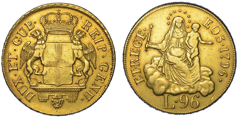 GENOVA. DOGI BIENNALI E GOVERNATORI DELLA REPUBBLICA, 1528-1797. SERIE DELLA III FASE, 1637-1797. 96 Lire 1796.  - Auction Numismatics - Cambi Casa d'Aste