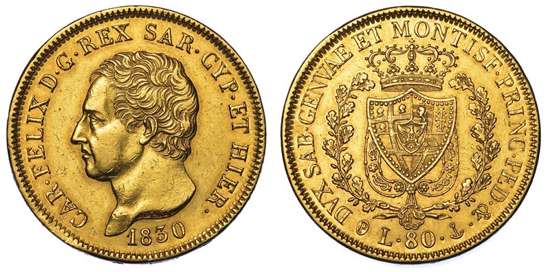 REGNO DI SARDEGNA. CARLO FELICE DI SAVOIA, 1821-1831. 80 Lire 1830. Genova.  - Auction Numismatics - Cambi Casa d'Aste