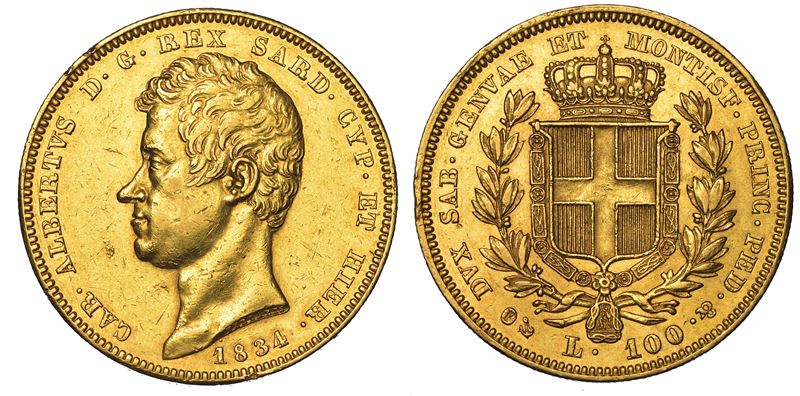 REGNO DI SARDEGNA. CARLO ALBERTO DI SAVOIA, 1831-1849. 100 Lire 1834. Genova.  - Auction Numismatics - Cambi Casa d'Aste