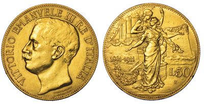 Regno D'italia. Vittorio Emanuele III di Savoia, 1900-1946. 50 Lire 1911. Cinquantenario.