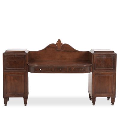 Credenza Lastronata in Piuma di Mogano, Tre Cassetti e Sportelli sul Fronte, XX Secolo
