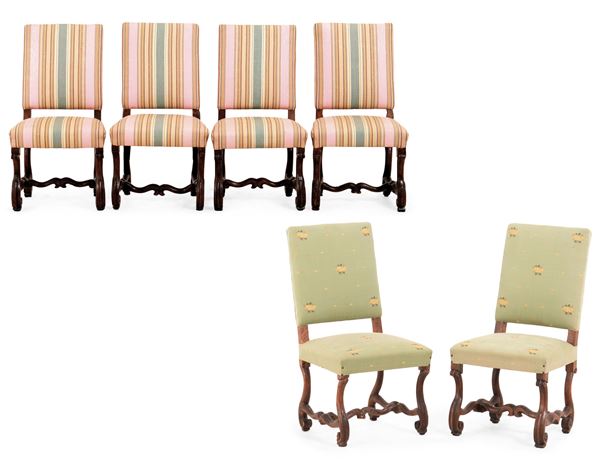 Gruppo di quattro più due sedie in noce ad osso di montone. XVIII secolo