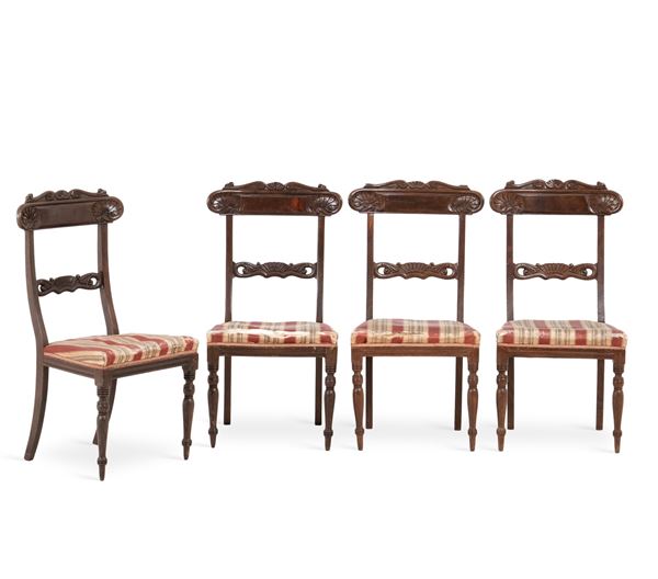 Gruppo di quattro sedie Carlo X in mogano intagliato. Genova, XIX secolo
