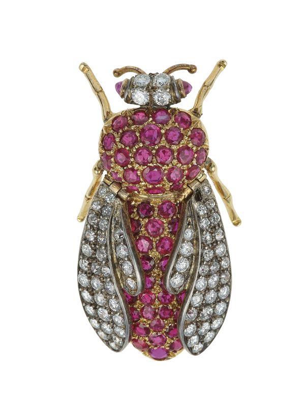 Ruby, diamond, silver and gold brooch