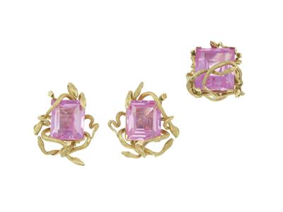 Demi-parure, anello e orecchini in oro giallo 750/1000 con tormaline sintetiche