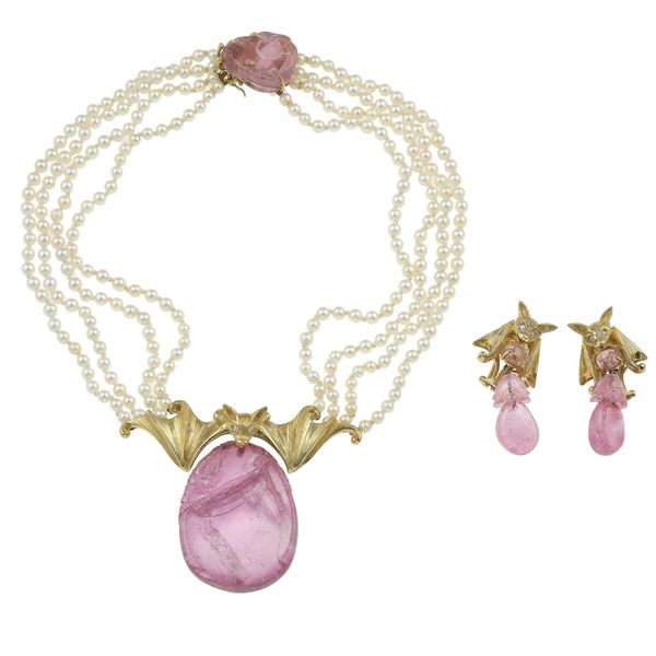 Tourmaline, pearl, diamond and gold demi-parure