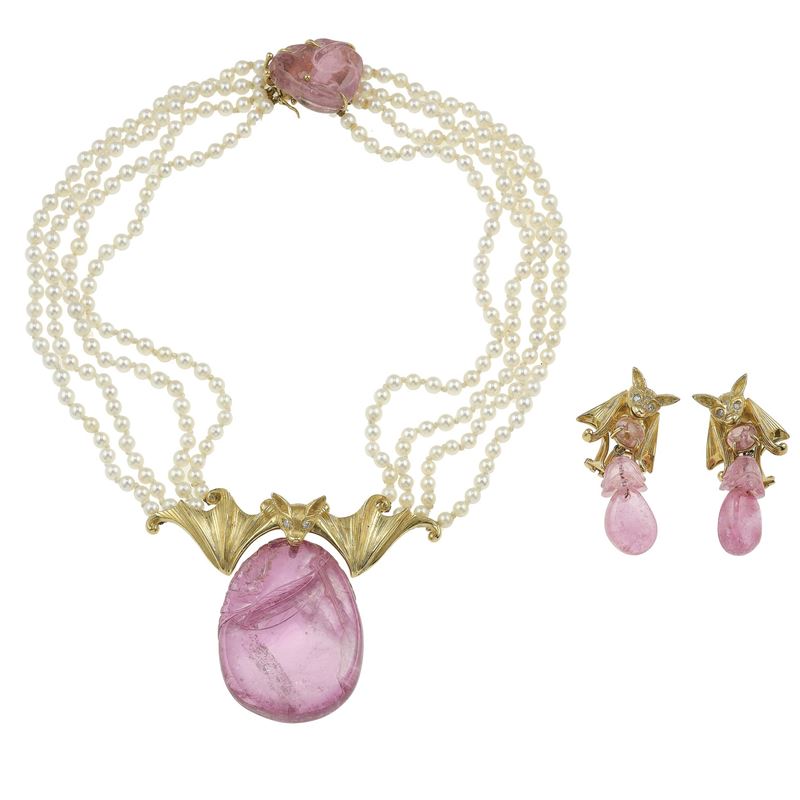 Tourmaline, pearl, diamond and gold demi-parure  - Auction Fine Jewellery - Cambi Casa d'Aste