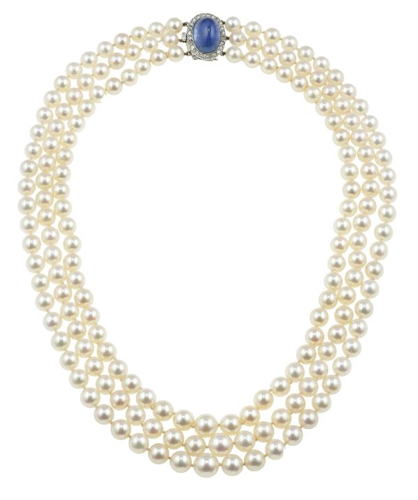Cultured pearl and sapphire necklace. No indication of heating