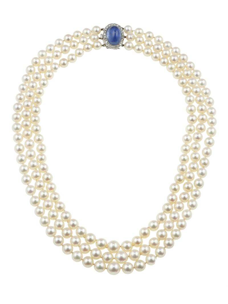 Cultured pearl and sapphire necklace. No indication of heating  - Auction Fine Jewels - Cambi Casa d'Aste